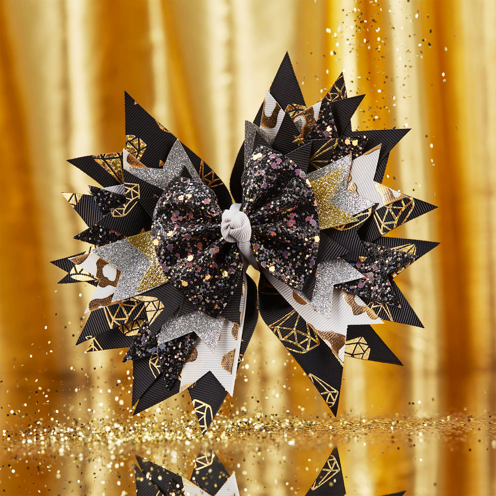 Glitter Wire Ribbon Double Loop Hair Bow - Black with Gold Chevron